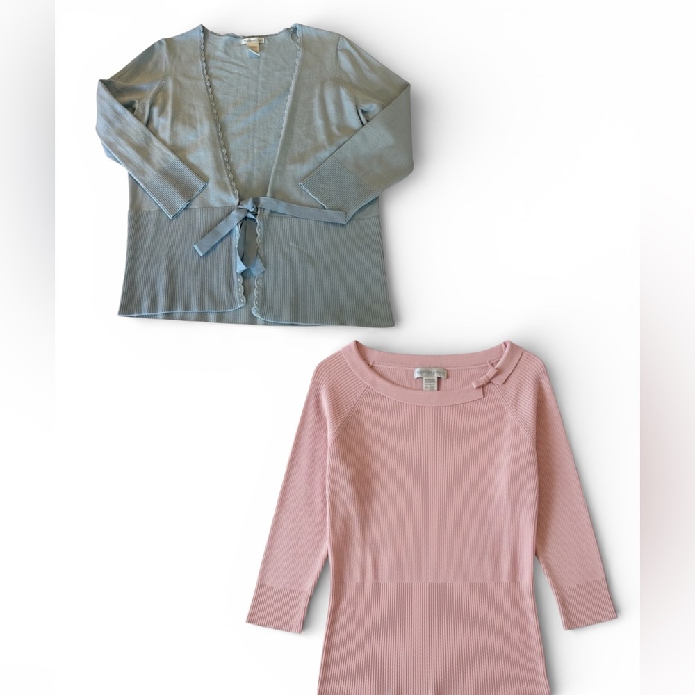 Worthington Baby Blue and Baby Pink Bow Detail and Open Tie Front Sweater Med